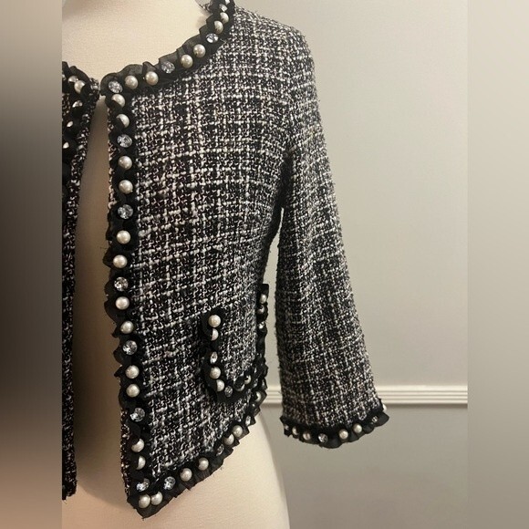 Maje Tweed Blazer Cropped Embellished Faux Pearls and Rhinestones XS - Picture 6 of 11